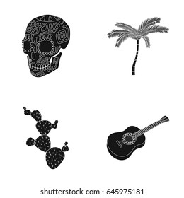 Green skull with a picture, a palm tree, a guitar, a national Mexican instrument, a cactus with spines. Mexico country set collection icons in black style vector symbol stock illustration web.