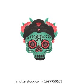 Green skull with pink flowers and hand drawn ornaments - Mexican Day of the dead holiday symbol with traditional decorations. Isolated vector illustration.
