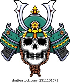 Green Skull Samurai warrior mask. Traditional armor of japanese warrior of illustration