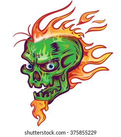 green skull sketch design on white  background with flame