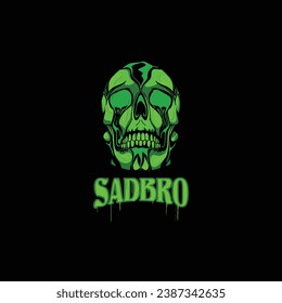 A green skull that is crying with the words sadbro underneath, suitable for metal, rock band logos, or streetwear brands, t-shirts and clothing brands