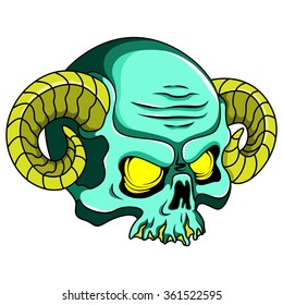 Green skull with yellow horns.Vector illustration.