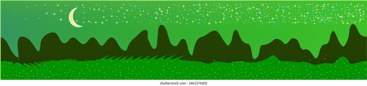 Green sky, and mountains landscape. Abstract, horizontal texture background picture. Colorful skinali background abstraction. Crisp glass print fantasy. Horizon, blur. Old game style.