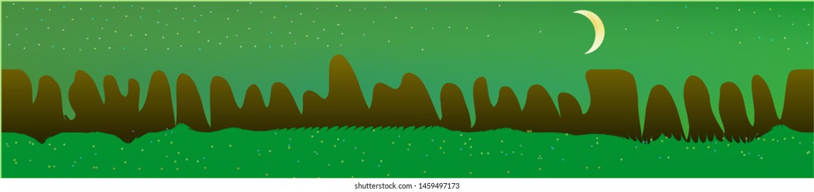 Green sky, and mountains landscape. Fairy tale panoramic landscape. Landscape fable. Pure glass print fantasy. Horizon, smoot. Old game style.