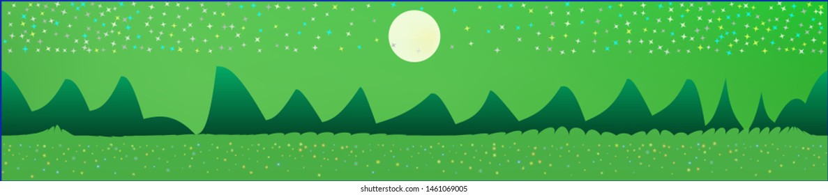 Green sky, and mountains landscape. Fairy tale panoramic landscape. Landscape fable. Clean glass print fantasy. Horizon, smoot. Old game style.