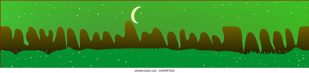 Green sky, and mountains landscape. Game style panaramic pattern. Concept skinali mesh pattern. Recent glass print fantasy. Horizon, blend. Old game style.