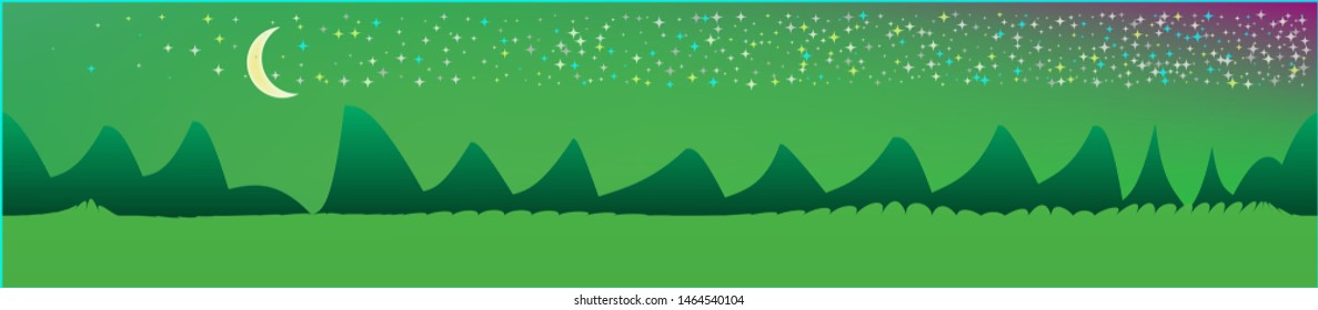 Green sky, and mountains landscape. Light glass print panaramic design. Glass print skinali light and dark. Fresh glass print fantasy. Horizon, blend. Old game style.