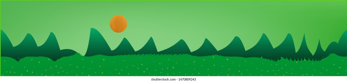 Green sky, and mountains landscape. Light colorful skinali art design. Wide artistic view. Breezy glass print fantasy. Horizon, smoot. Old game style.