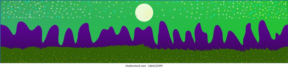 Green sky, and mountains landscape. Panoramic horizontal design. Trendy panoramic design. Fresh glass print fantasy. Horizon, blur. Old game style.