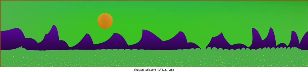Green sky, and mountains landscape. Plain horizontal background illustration. Trendy fairy tale plain design. Clear glass print fantasy. Horizon, blur. Old game style.