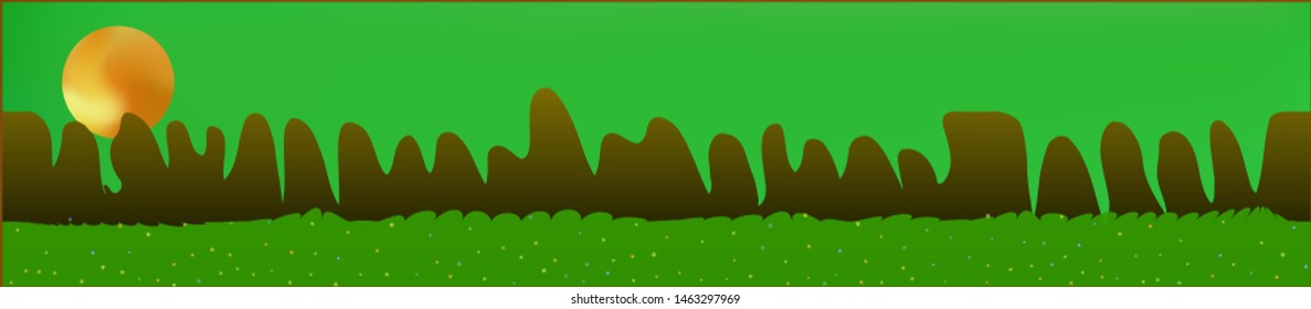 Green sky, and mountains landscape. Plain horizontal background illustration. Trendy fairy tale plain design. Cool glass print fantasy. Horizon, texture. Old game style.