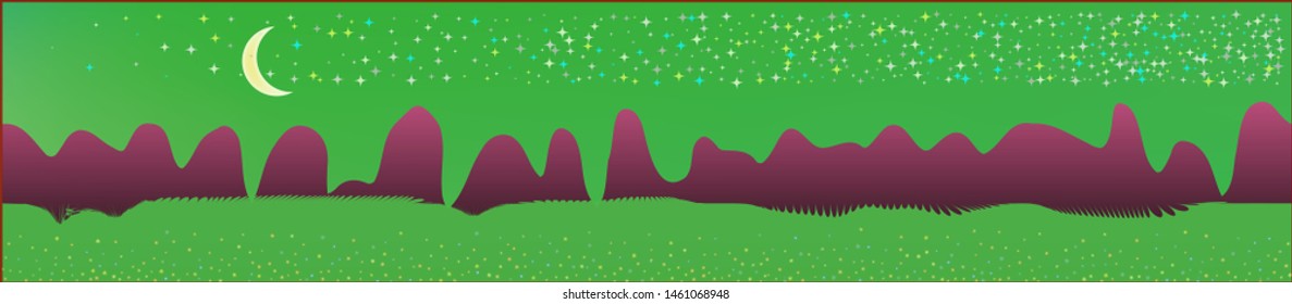 Green sky, and mountains landscape. Texture background illustration design. Colorful new glass print design. Clean glass print fantasy. Horizon, modern. Old game style.