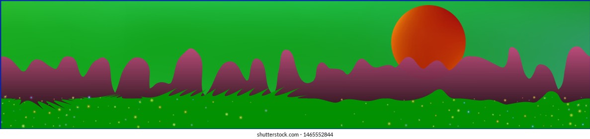 Green sky, and mountains landscape. Texture background illustration design. Colorful new glass print design. Pure glass print fantasy. Horizon, bright. Old game style.