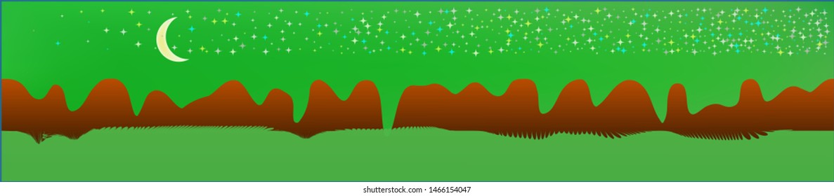 Green sky, and mountains landscape. Texture background illustration design. Colorful new glass print design. Clean glass print fantasy. Horizon, light. Old game style.