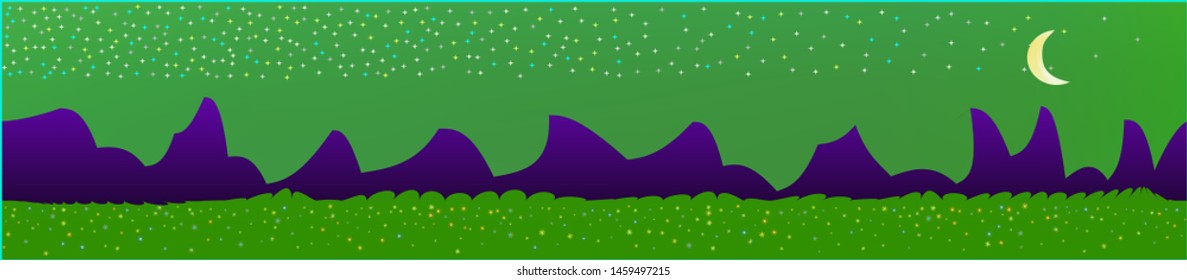 Green sky, and mountains landscape. Wide horizontal background. Trendy modern skinali design. Clear glass print fantasy. Horizon, chilly. Old game style.
