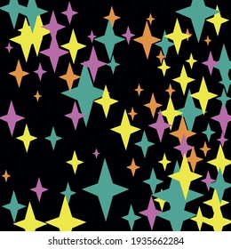 Green Sky Turquoise New Year Bright Wallpaper. Christmas Magic Yellow Colorful Orange Composition. Pastel Mystery Black Stars Pink Multicolor Illustration. Cozy Night Holiday Snow Color Chaos.