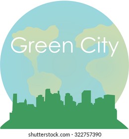 Green skyline on a white background with text and earth