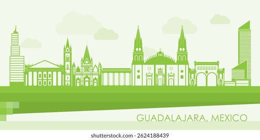 Green Skyline panorama of city of Guadalajara, Mexico - vector illustration