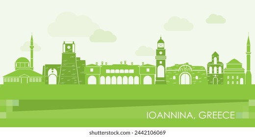 Panorama del horizonte verde de la ciudad de Ioannina, Epiro, Grecia - ilustración vectorial