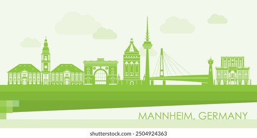 Green Skyline panorama of city of Mannheim, Germany - vector illustration