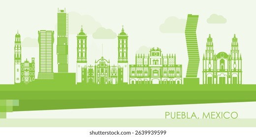 Green Skyline panorama of city of Puebla, Mexico - vector illustration