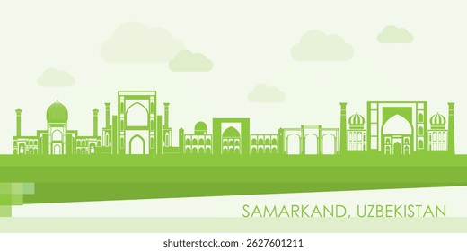 Green Skyline panorama of city of Samarkand, Uzbekistan - vector illustration