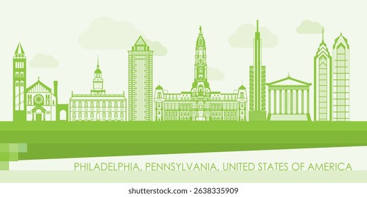 Green Skyline panorama of Philadelphia, Pennsylvania, United States - vector illustration