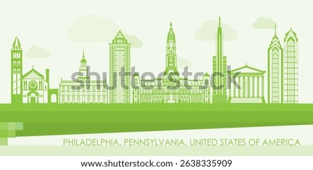 Green Skyline panorama of Philadelphia, Pennsylvania, United States - vector illustration