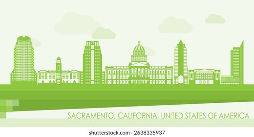 Green Skyline panorama of Sacramento, California, United States - vector illustration