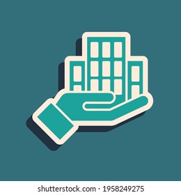 Green Skyscraper icon isolated on green background. Metropolis architecture panoramic landscape. Long shadow style. Vector