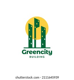 green skyscraper with sunrise logo design, vector graphic symbol icon sign illustration