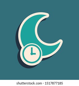Green Sleeping moon icon isolated on blue background. Long shadow style. Vector Illustration