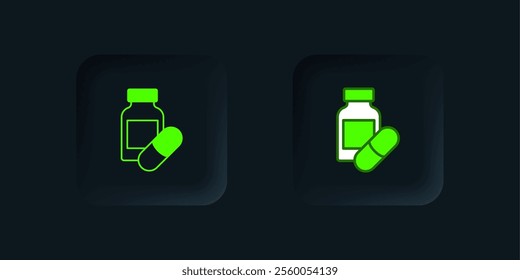 Green Sleeping pill icon isolated on black background. Black square button. Vector