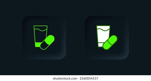 Green Sleeping pill icon isolated on black background. Black square button. Vector