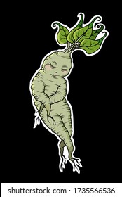 Green sleepy manragora, cute baby mandrake with black outlines. Sticker.