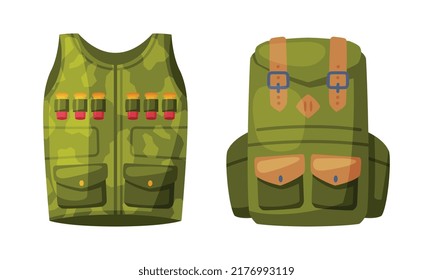 Green Sleeveless Vest and Packed Backpack as Hunting Accessory Vector Set