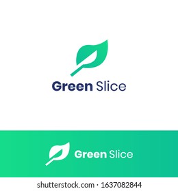 Green slice logo design template. Make from leaf and knife. Simple and modern logo. 