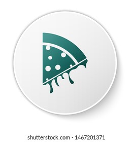 Green Slice of pizza icon isolated on white background. White circle button. Vector Illustration