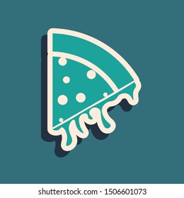 Green Slice of pizza icon isolated on blue background. Long shadow style. Vector Illustration