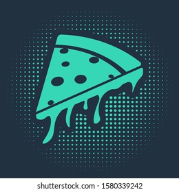 Green Slice of pizza icon isolated on blue background. Abstract circle random dots. Vector Illustration
