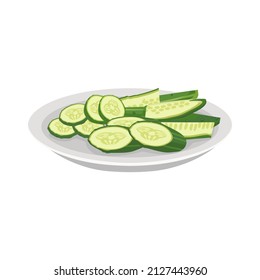 Green sliced cucumber on plate. Delicious healthy vegetable, fresh food for salad preparation, harvest. Vector flat illustration