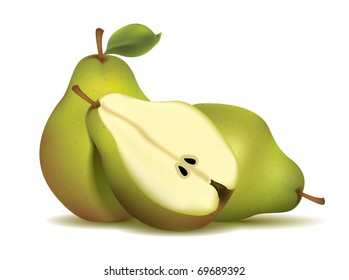 Green sliced pears with leaf - isolated on white background vector