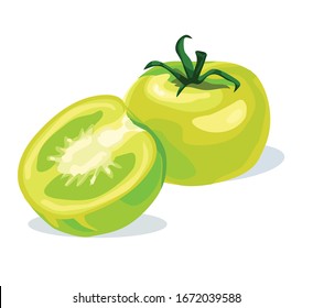 green sliced tomatoes half cut cherry realistic symbol icon on white background