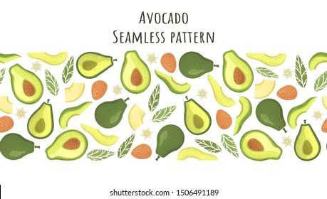 Green slices and avocado seeds on a white background. Vegan food, seamless pattern