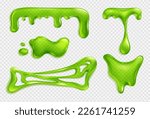 Green slim stretched, jelly , liquid dripping snot or glue realistic vector isolated illustration on transparent background. Blot of toxic phlegm or slimy poison splash