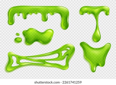 Green slim stretched, jelly , liquid dripping snot or glue realistic vector isolated illustration on transparent background. Blot of toxic phlegm or slimy poison splash