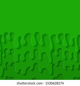 Green slime abstract background in paper cut style. Layers of flow down. Viscous liquid flowing down the wall. Template for Halloween flyer design. Papercut silhouette drops. Vector card illustration.