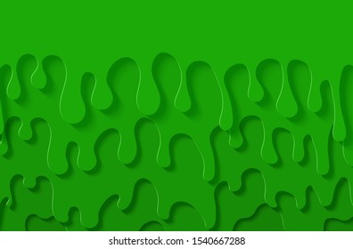Green slime abstract background in paper cut style. Layers of flow down. Viscous liquid flowing down the wall. Template for Halloween flyer design. Papercut silhouette drops. Vector card illustration