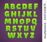 Green slime alphabet, cool liquid slimy font. Vector melting latin letters in cartoon style for  Halloween text design.
