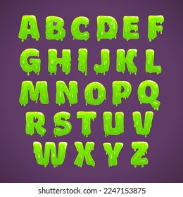 Green slime alphabet, cool liquid slimy font. Vector melting latin letters in cartoon style for  Halloween text design.